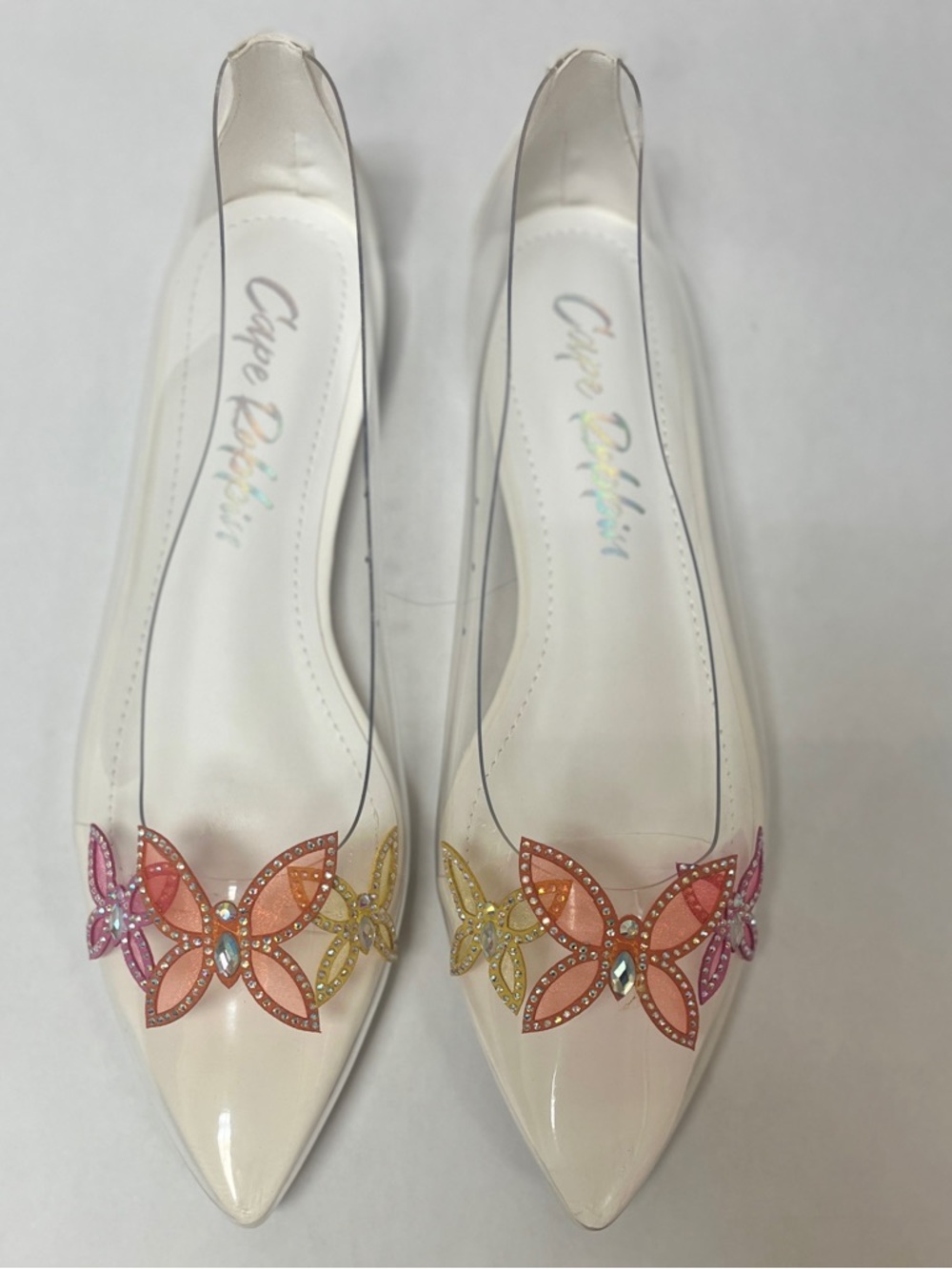 Cape Robbin Clear Pointed Flats with Pink, Orange & Gold Butterfly Applique